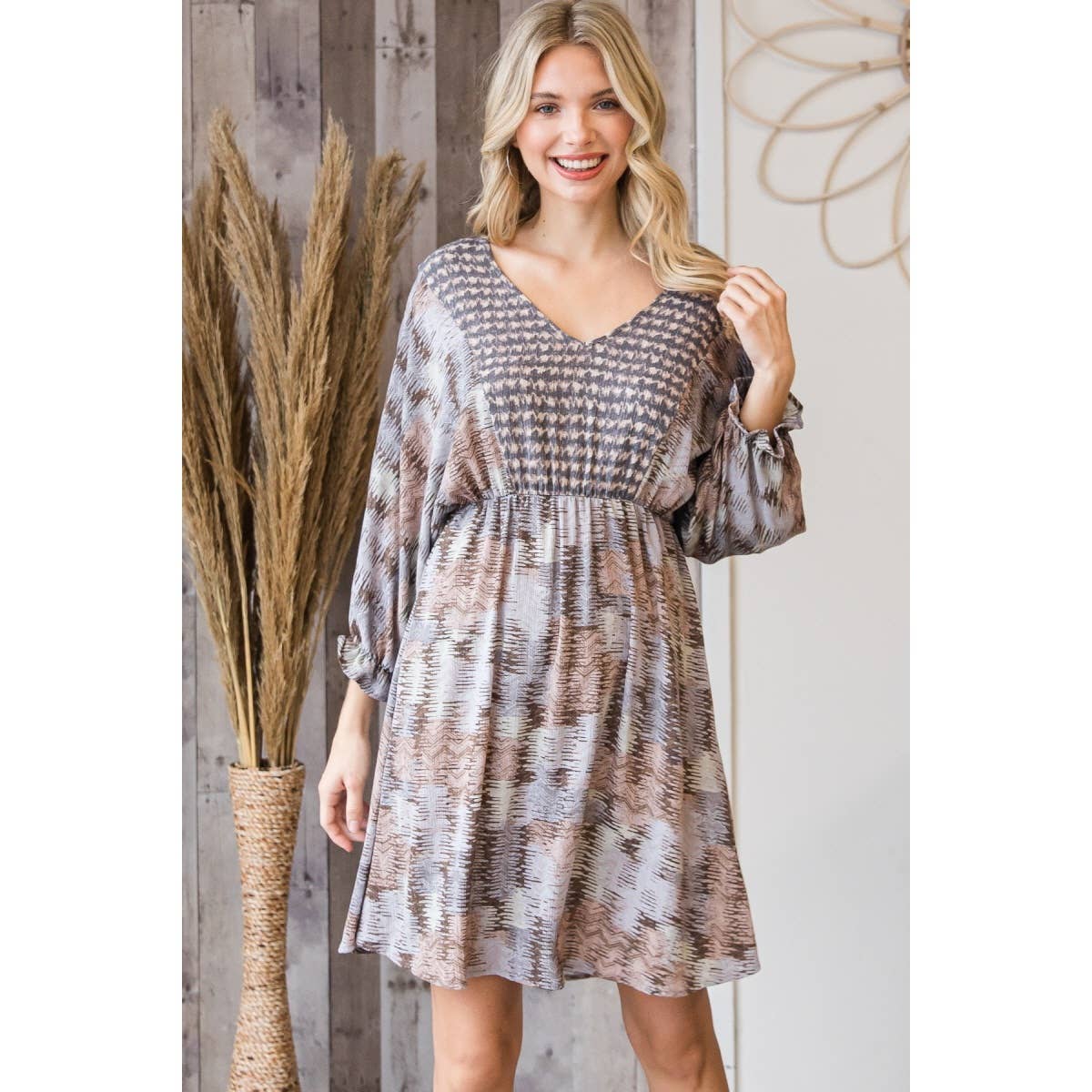 Vintage Mix Print V-Neck Tie Back Dress