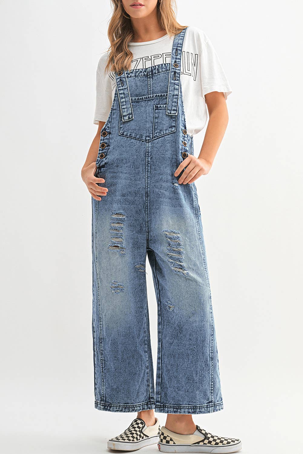 Distressed Bib Pocket Wide Leg Denim Jumpsuit