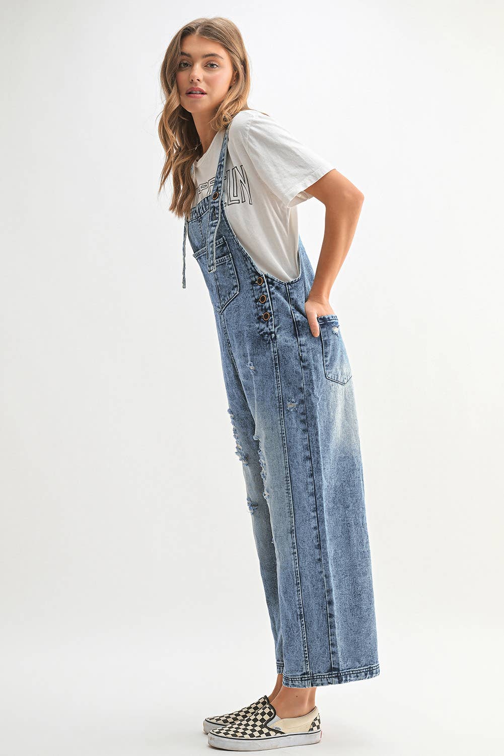 Distressed Bib Pocket Wide Leg Denim Jumpsuit