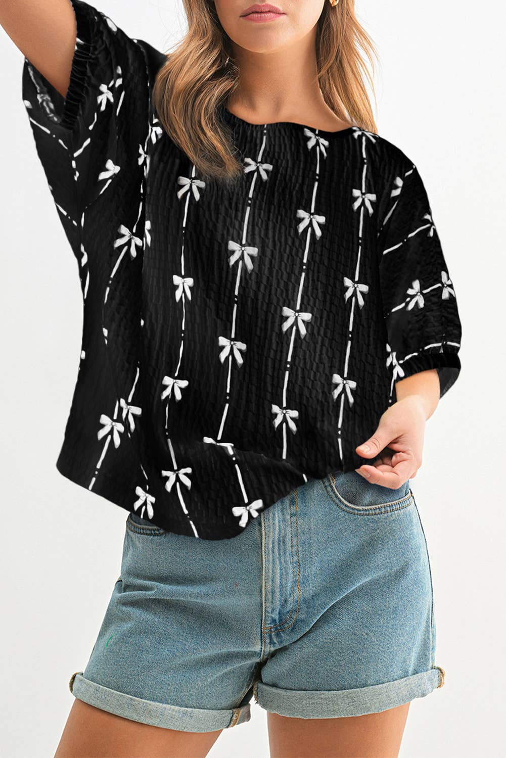 Bow Print Puff Short Sleeve Top