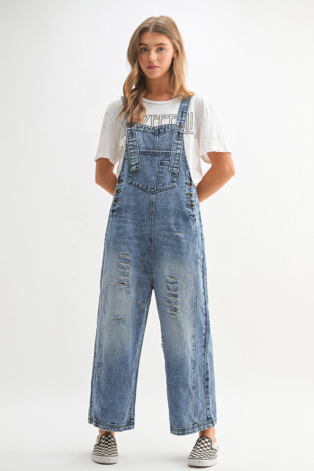 Distressed Bib Pocket Wide Leg Denim Jumpsuit
