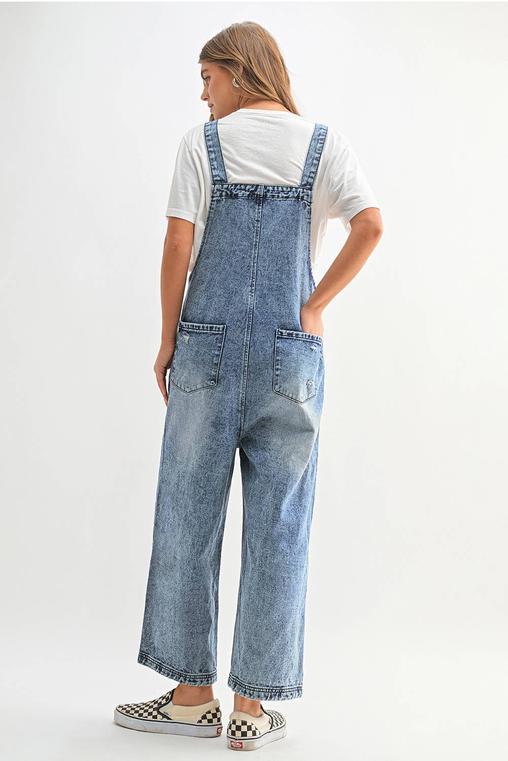 Distressed Bib Pocket Wide Leg Denim Jumpsuit