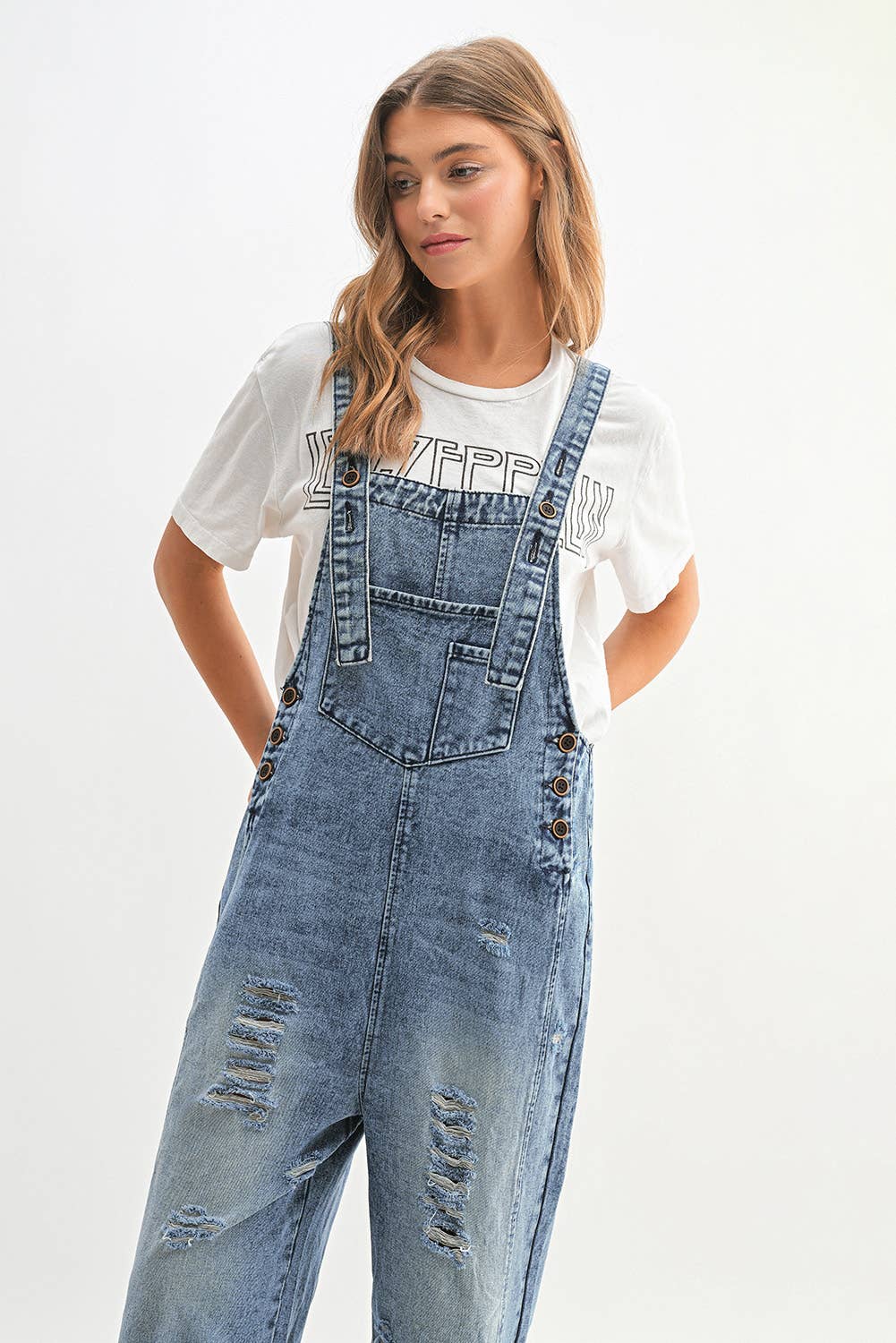 Distressed Bib Pocket Wide Leg Denim Jumpsuit