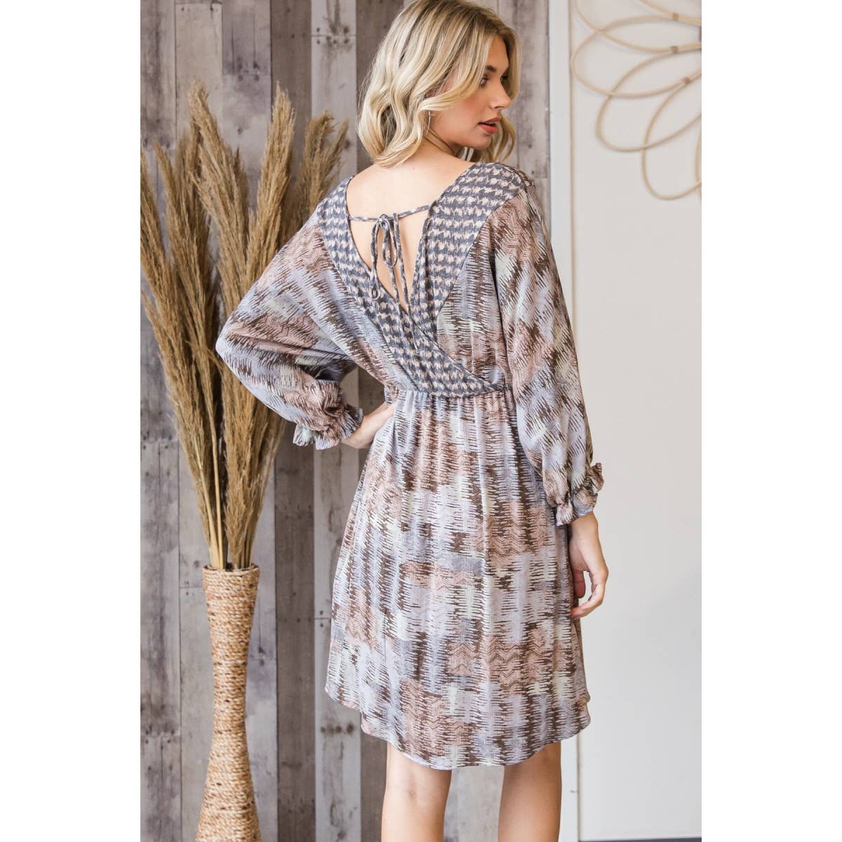 Vintage Mix Print V-Neck Tie Back Dress