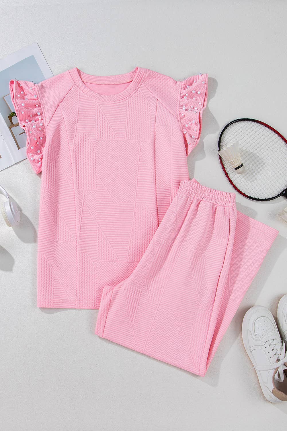 Textured Pearled Ruffled Outfit Pants Set