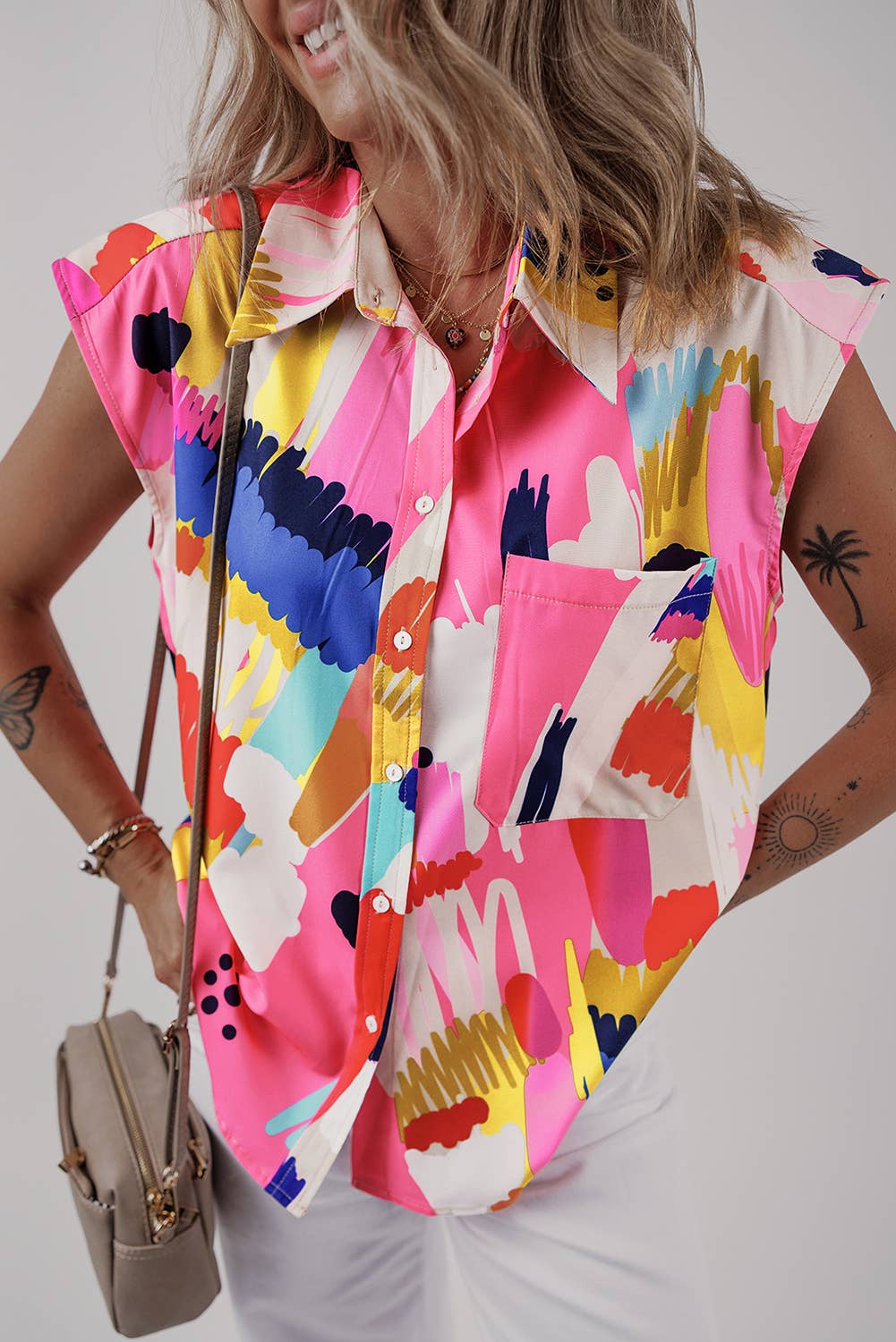 Colorful Abstract Print Cap Sleeve Shirt