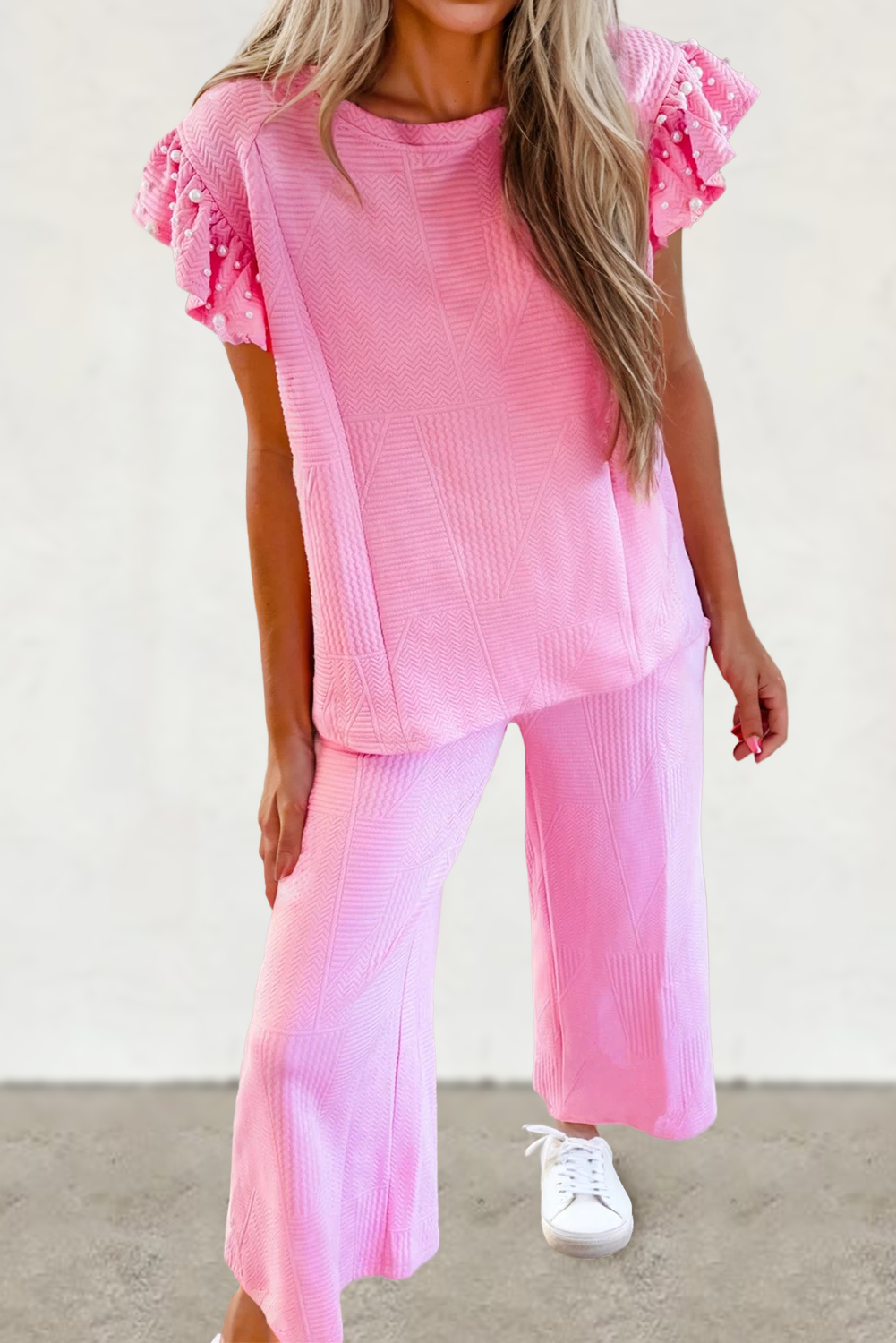 Textured Pearled Ruffled Outfit Pants Set