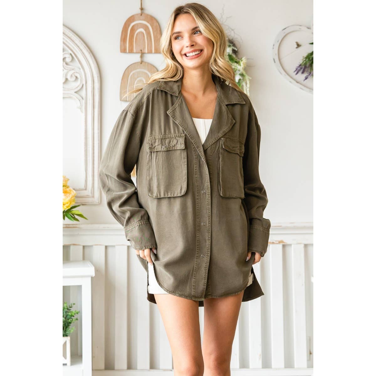 Solid Tencel Shacket with Big Pocket: Dark Olive