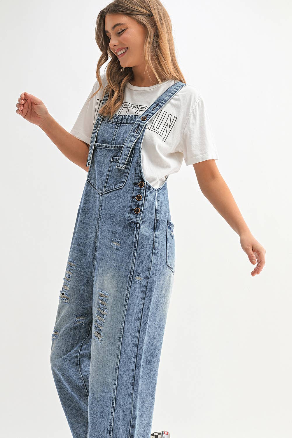 Distressed Bib Pocket Wide Leg Denim Jumpsuit