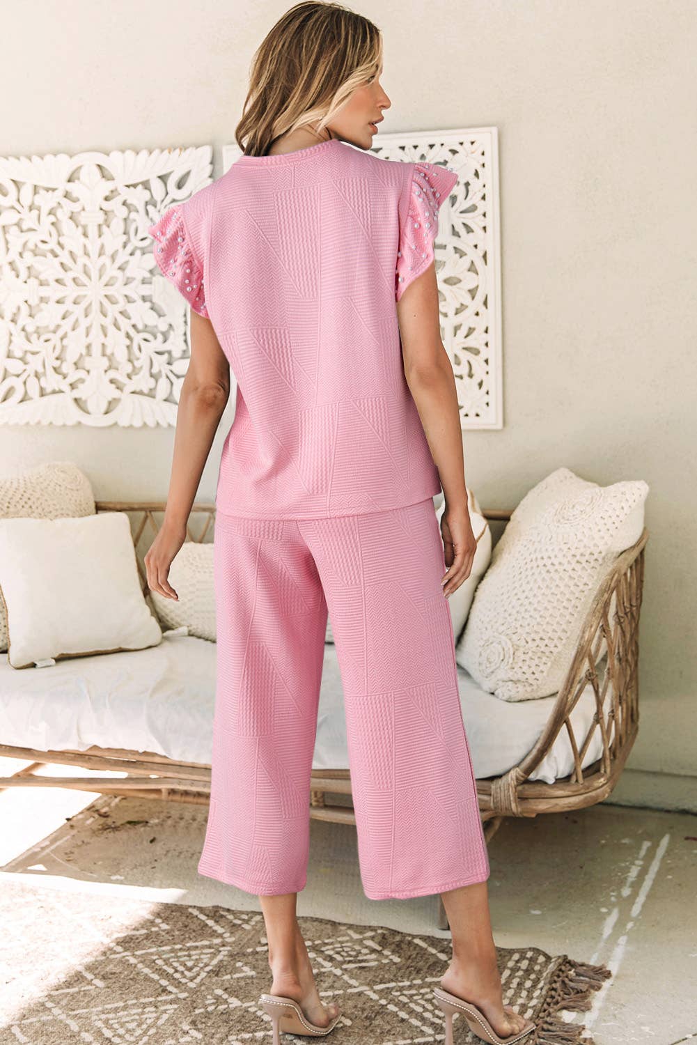 Textured Pearled Ruffled Outfit Pants Set