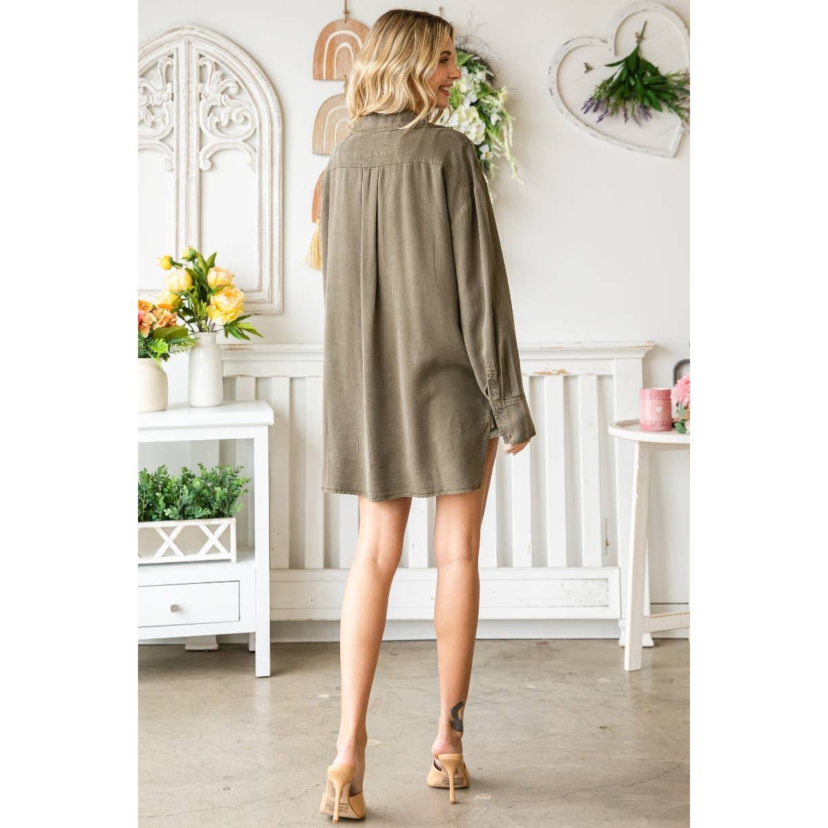 Solid Tencel Shacket with Big Pocket: Dark Olive
