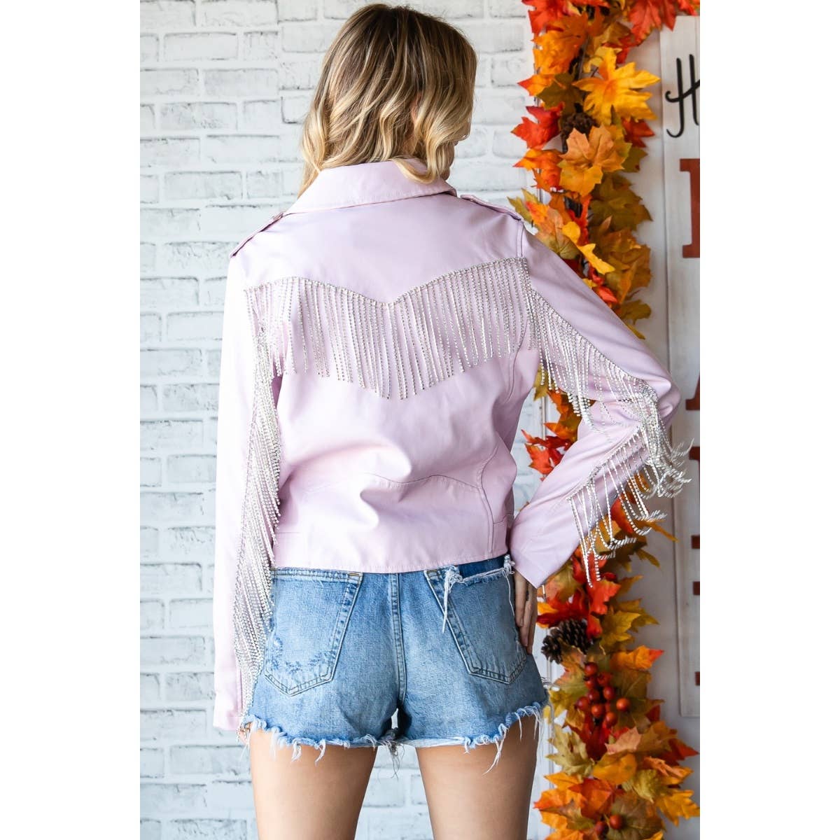 Rhinestone Fringe Faux Leather Moto Jacket: Lavender