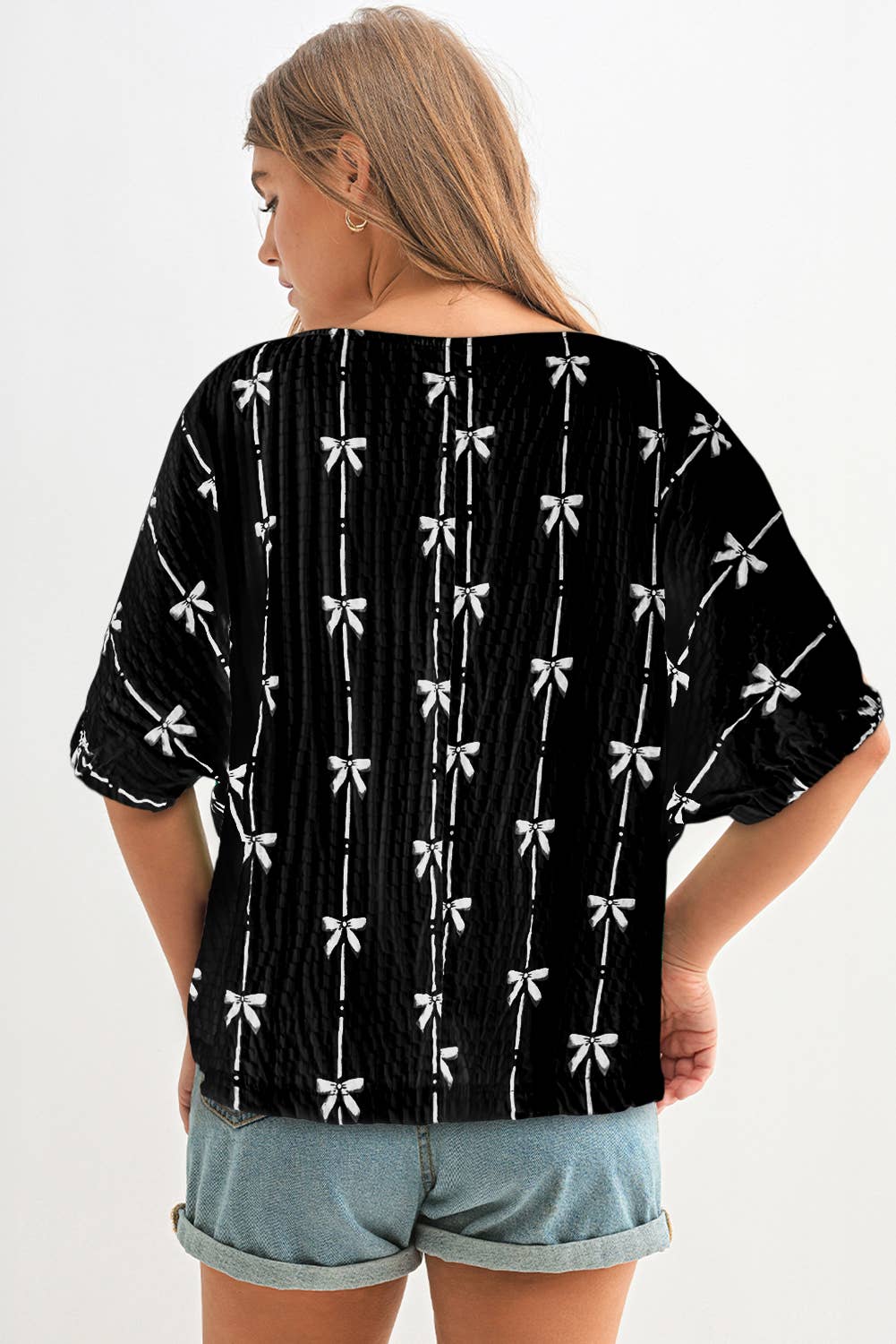 Bow Print Puff Short Sleeve Top