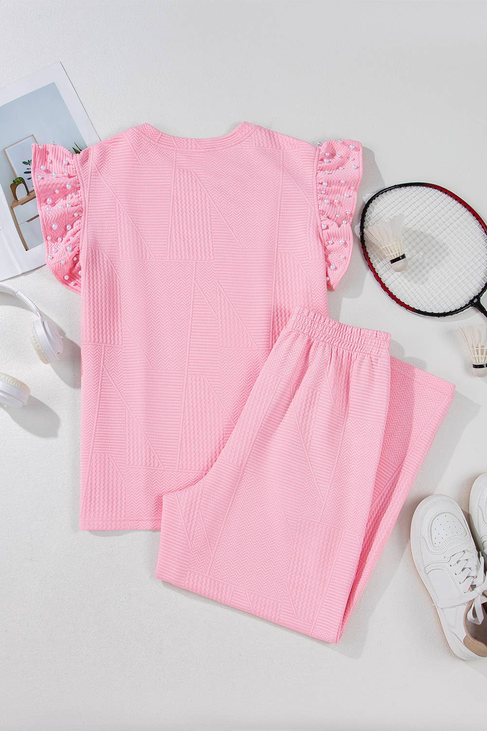 Textured Pearled Ruffled Outfit Pants Set