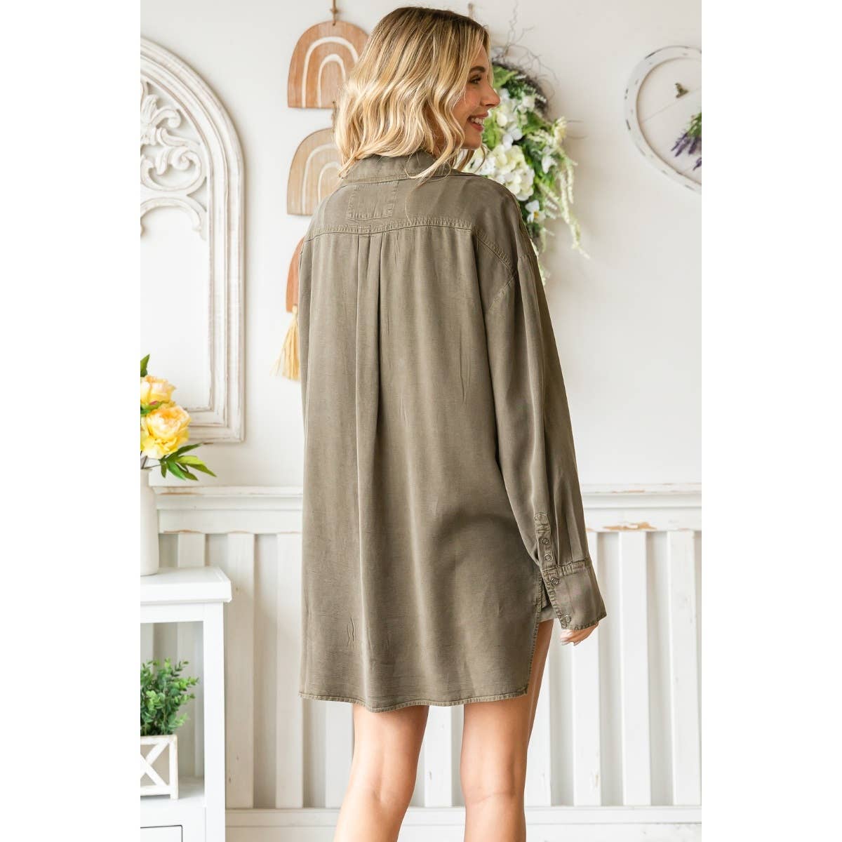 Solid Tencel Shacket with Big Pocket: Dark Olive