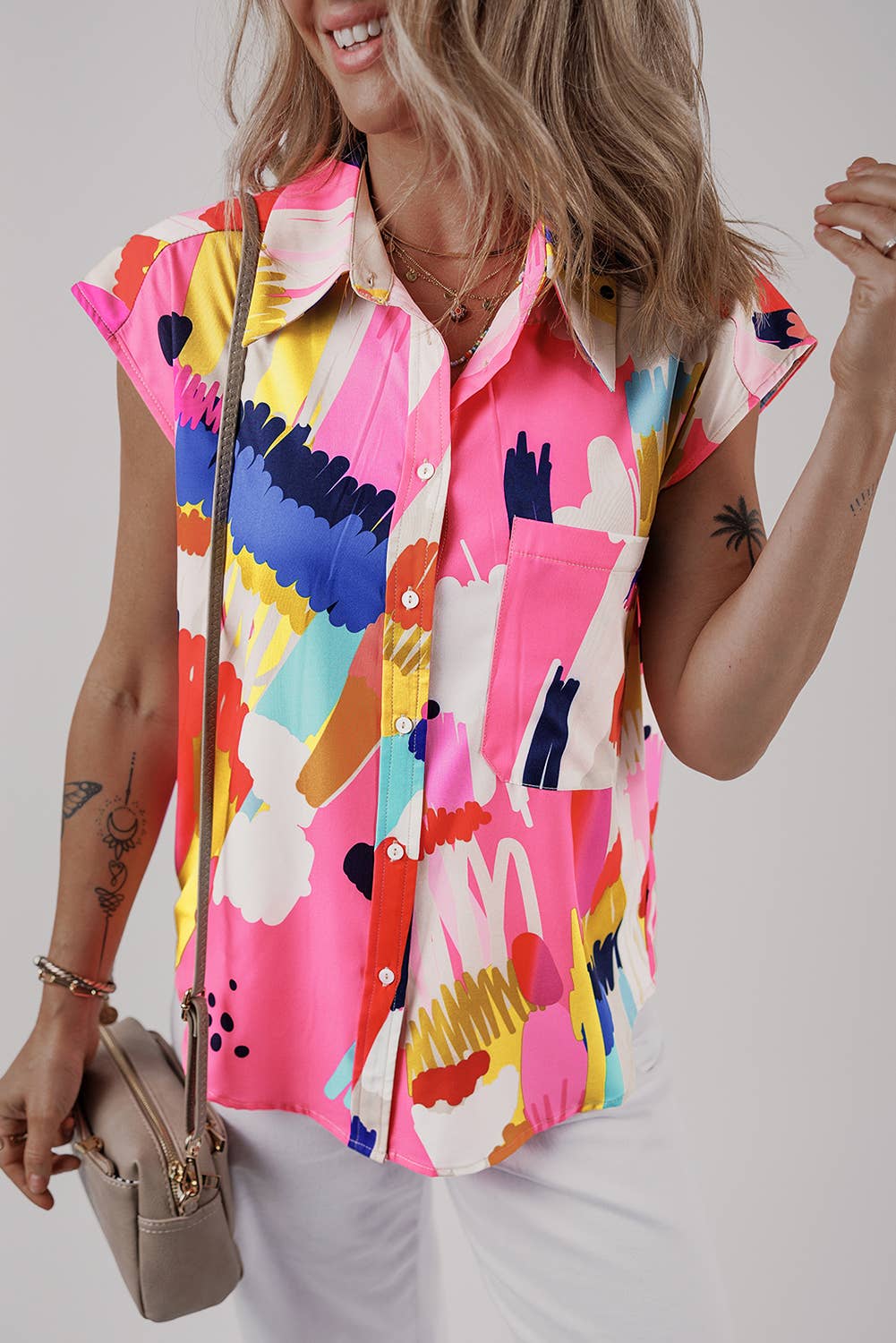 Colorful Abstract Print Cap Sleeve Shirt