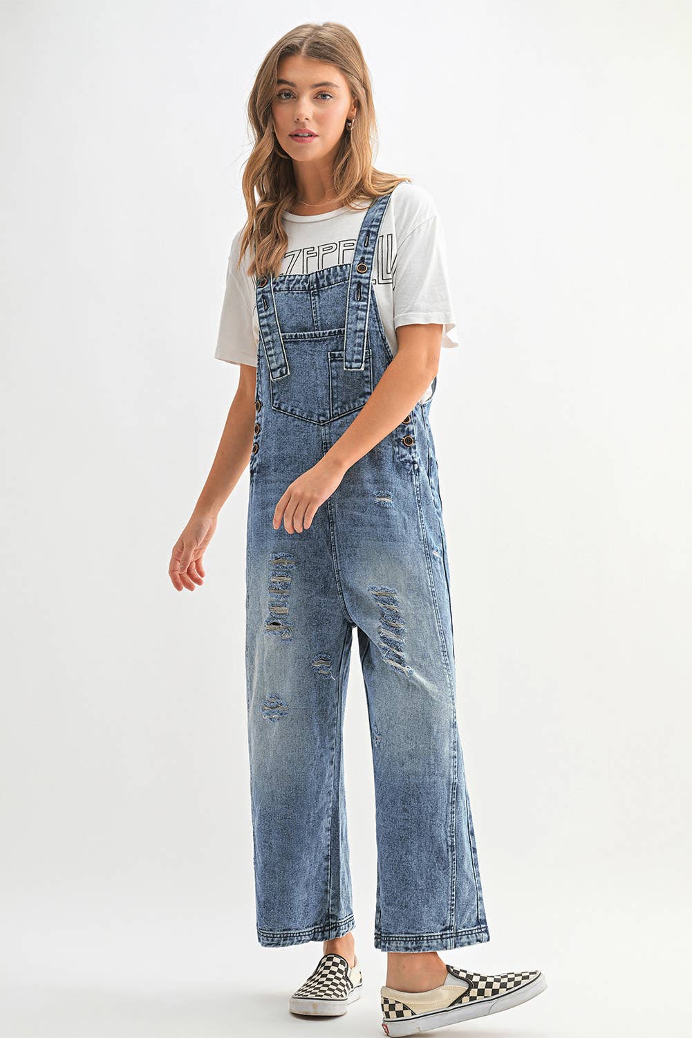 Distressed Bib Pocket Wide Leg Denim Jumpsuit