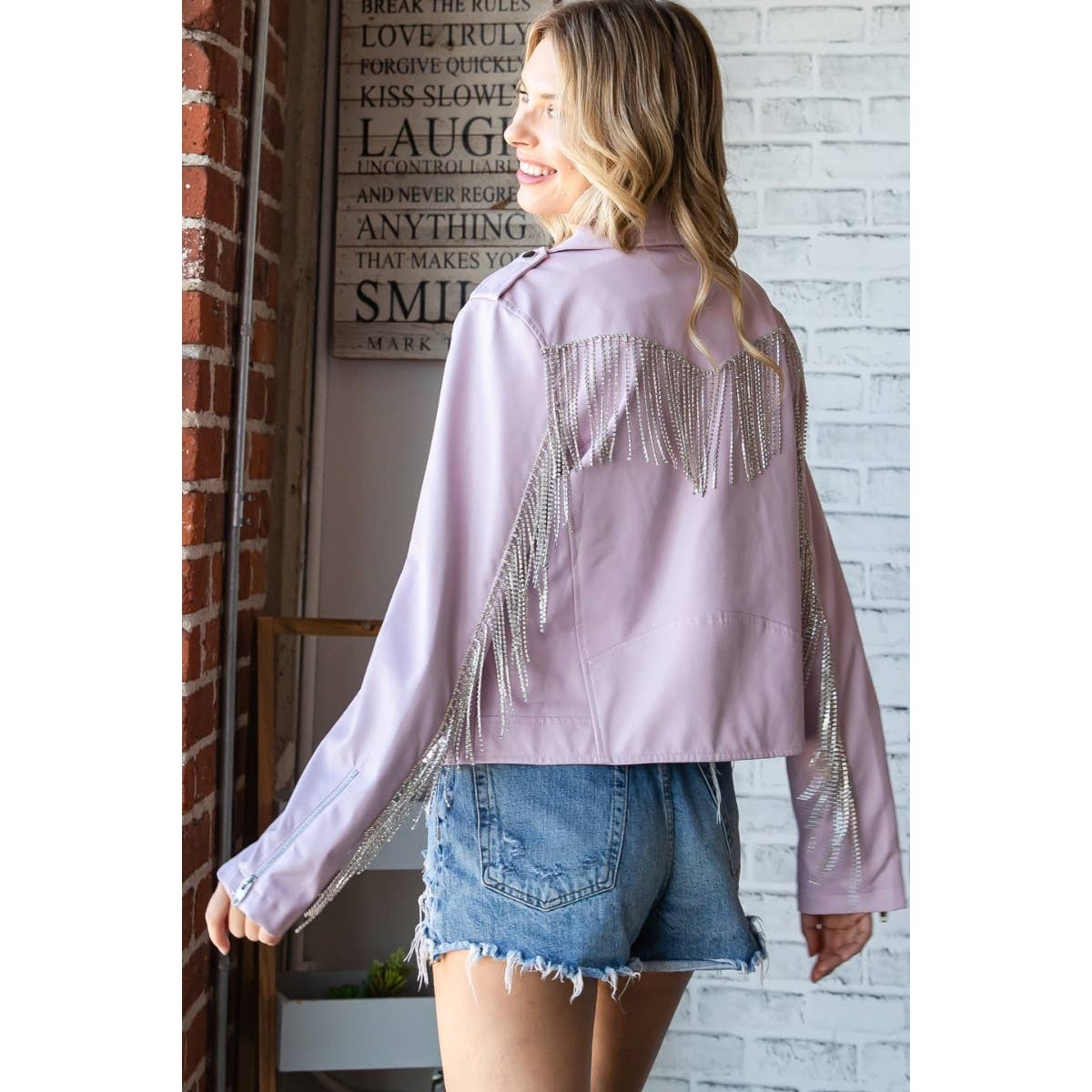 Rhinestone Fringe Faux Leather Moto Jacket: Lavender