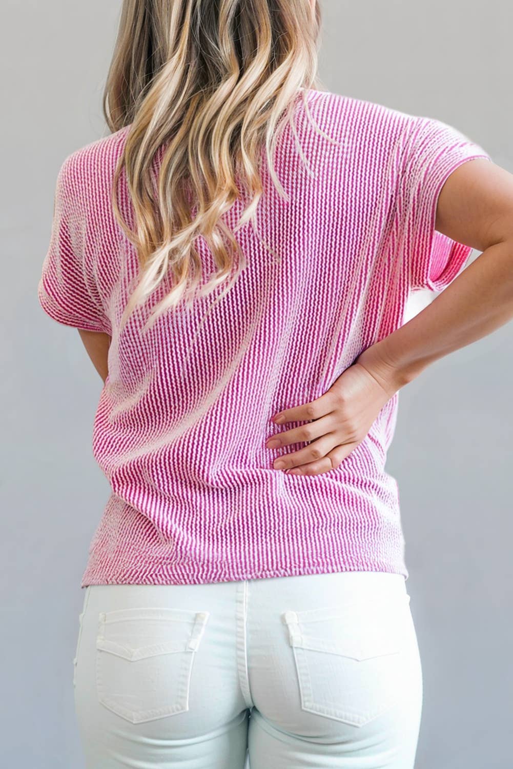 Corded Knit Colorblock Pocketed Round Neck Top