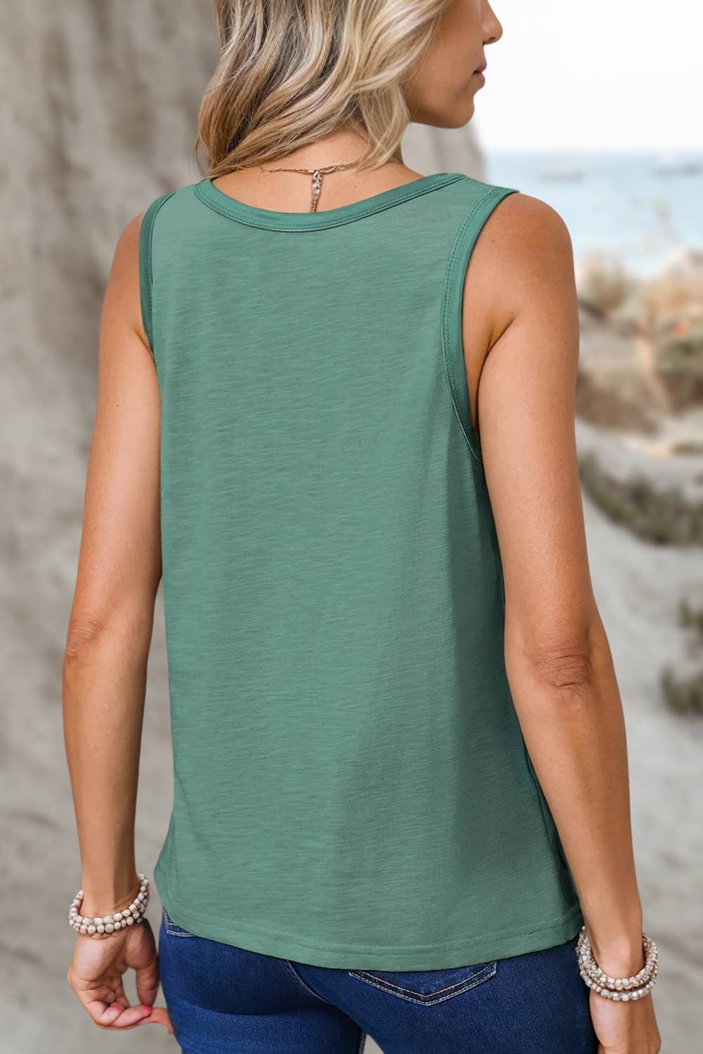 Metallic Binding Textured Casual Tank Top Green