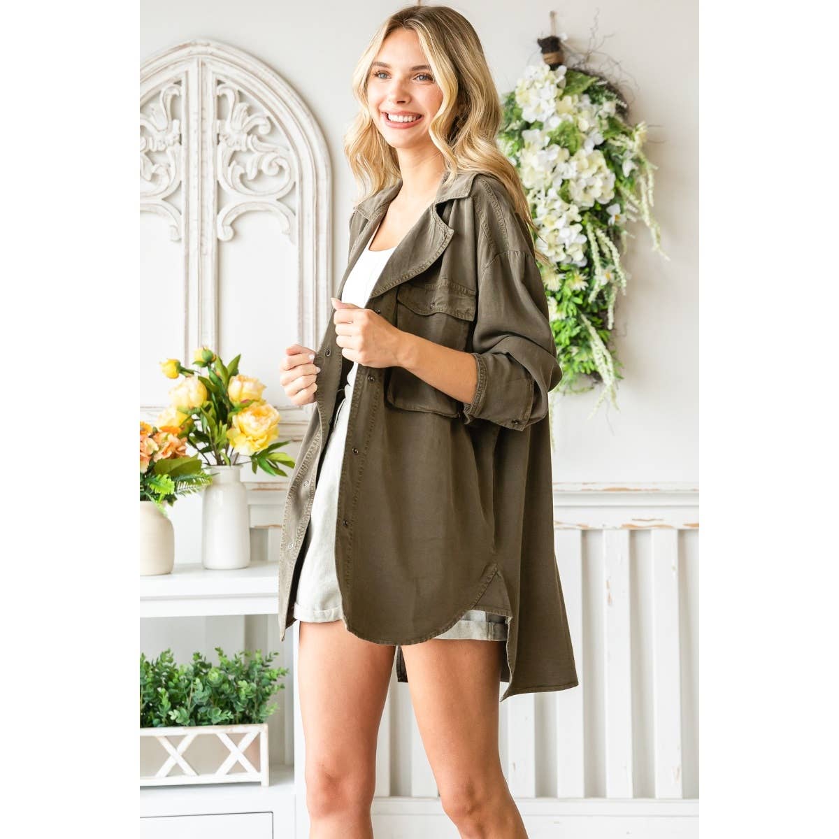 Solid Tencel Shacket with Big Pocket: Dark Olive