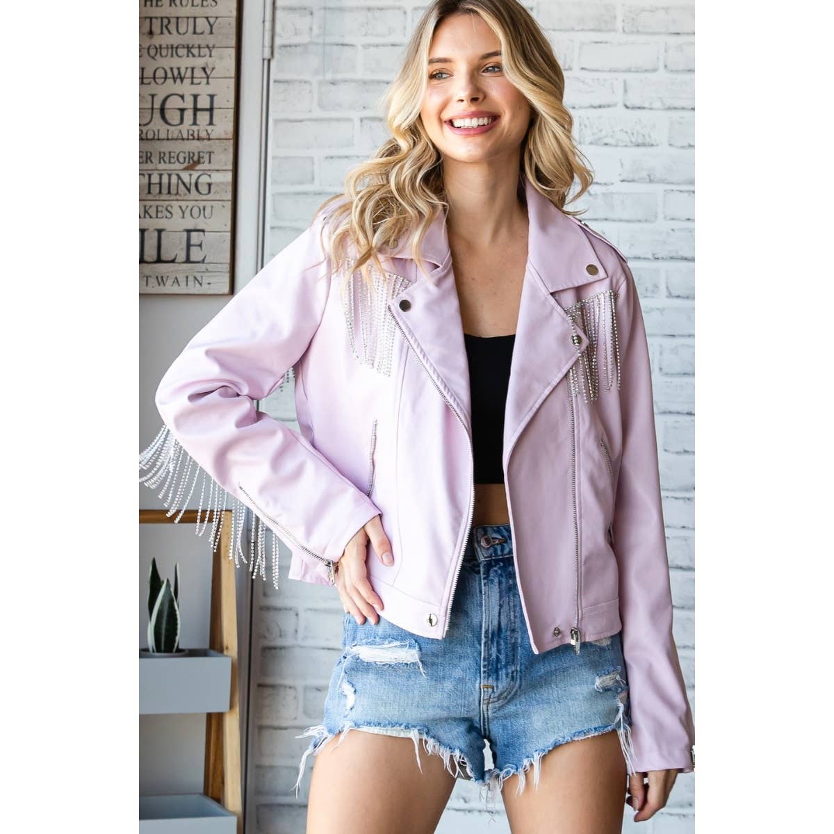 Rhinestone Fringe Faux Leather Moto Jacket: Lavender
