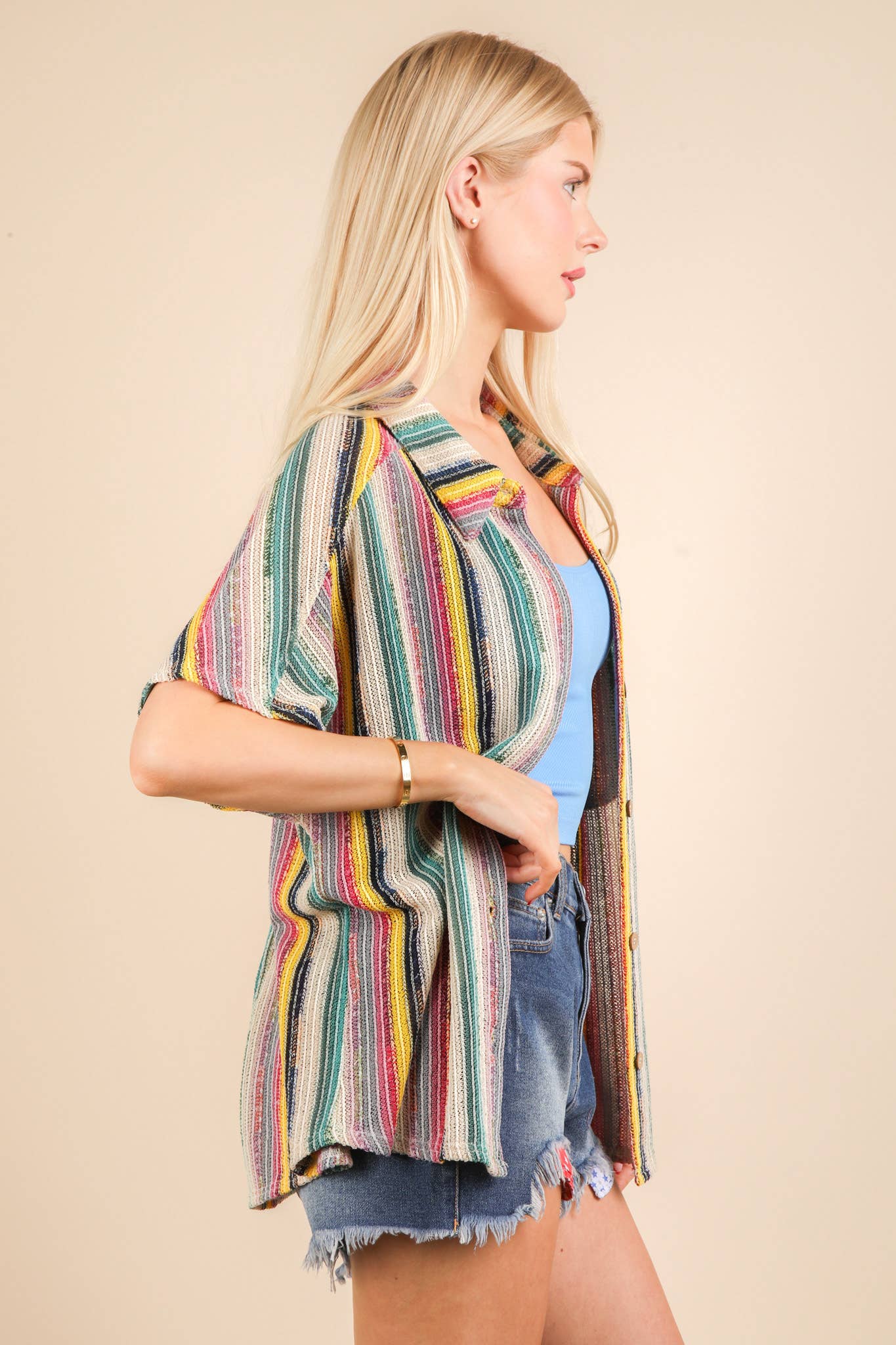 Oversized Crochet Multi Color Striped Shirt Top