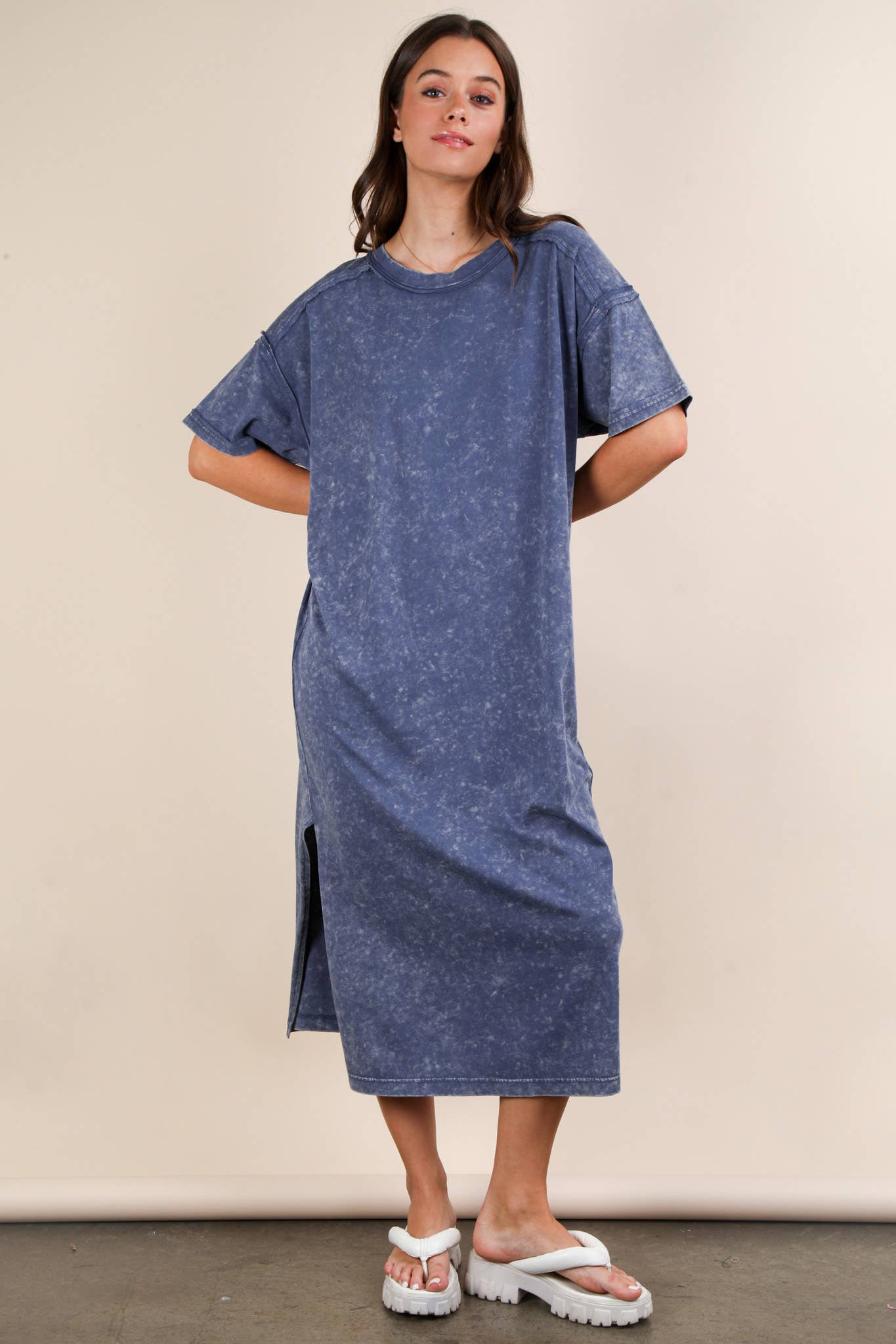 Mineral Washed Casual Comfy Midi Dress: DENIM