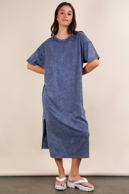 Mineral Washed Casual Comfy Midi Dress: DENIM