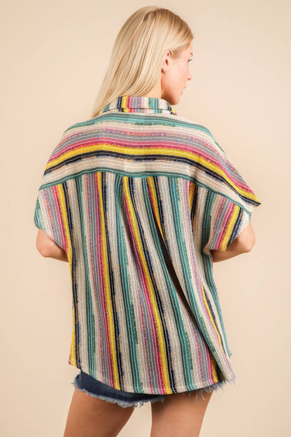 Oversized Crochet Multi Color Striped Shirt Top