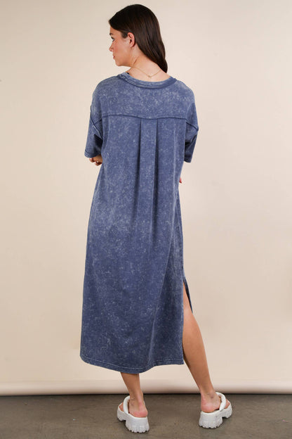 Mineral Washed Casual Comfy Midi Dress: DENIM