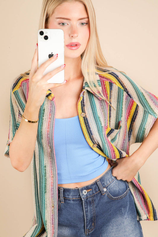 Oversized Crochet Multi Color Striped Shirt Top