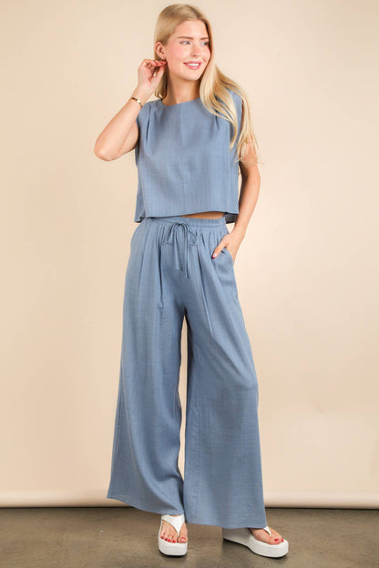 Solid Woven Top & Pants Set: DENIM