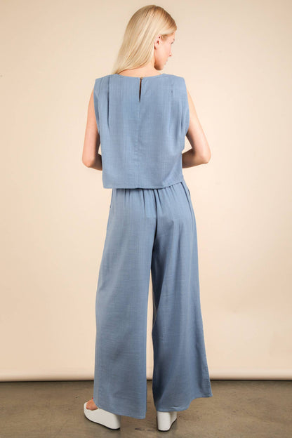Solid Woven Top & Pants Set: DENIM