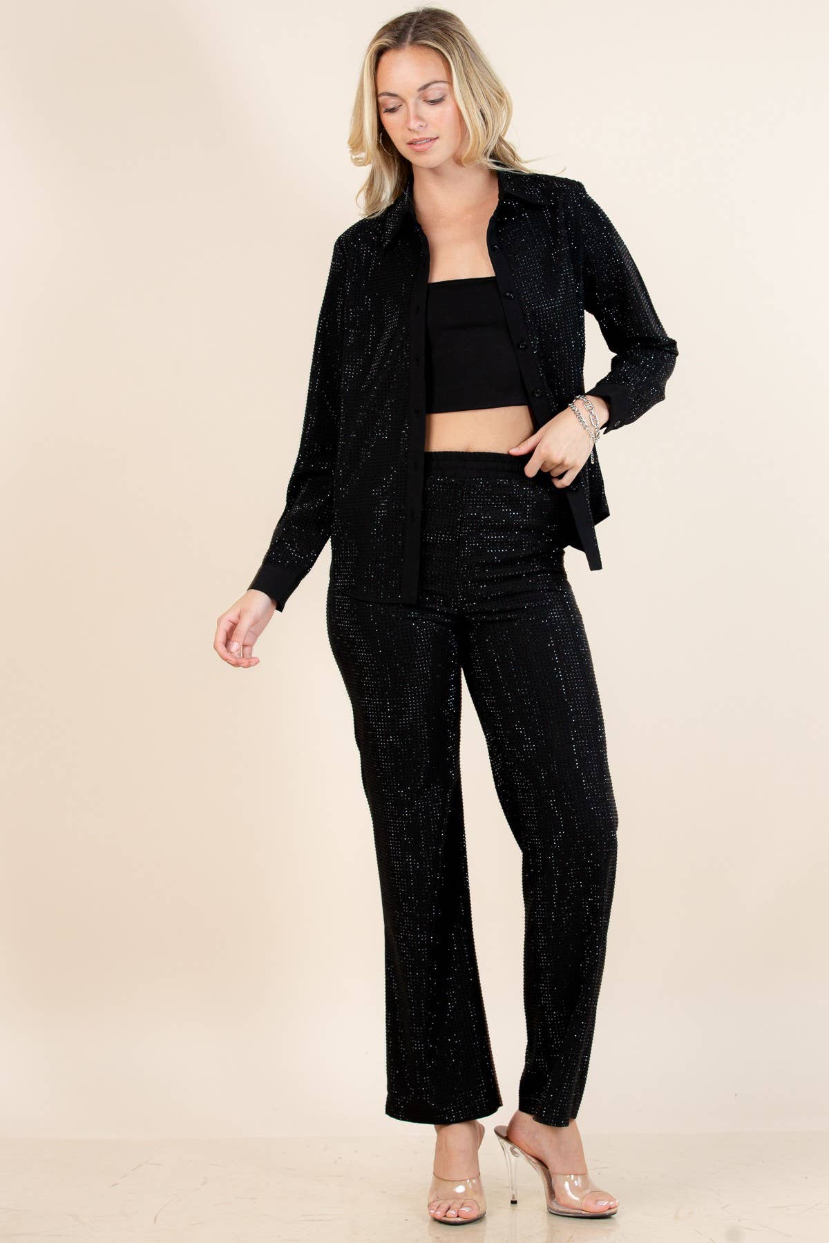 Black Sequin Detail Button Down Shirt