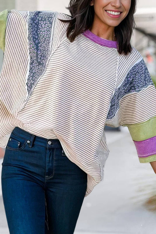 Stripe Floral Raw Edge Patchwork Bracelet Sleeve