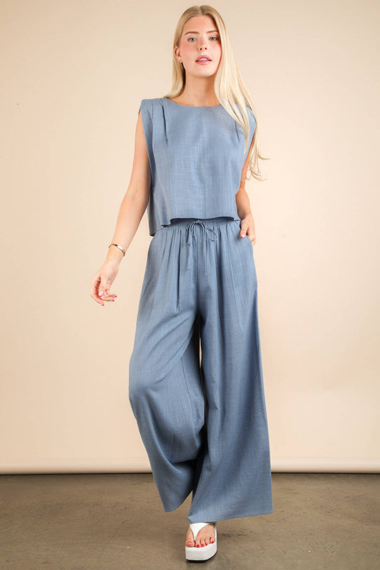 Solid Woven Top & Pants Set: DENIM