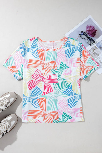 Bow Printed Waffle Short Sleeve Top