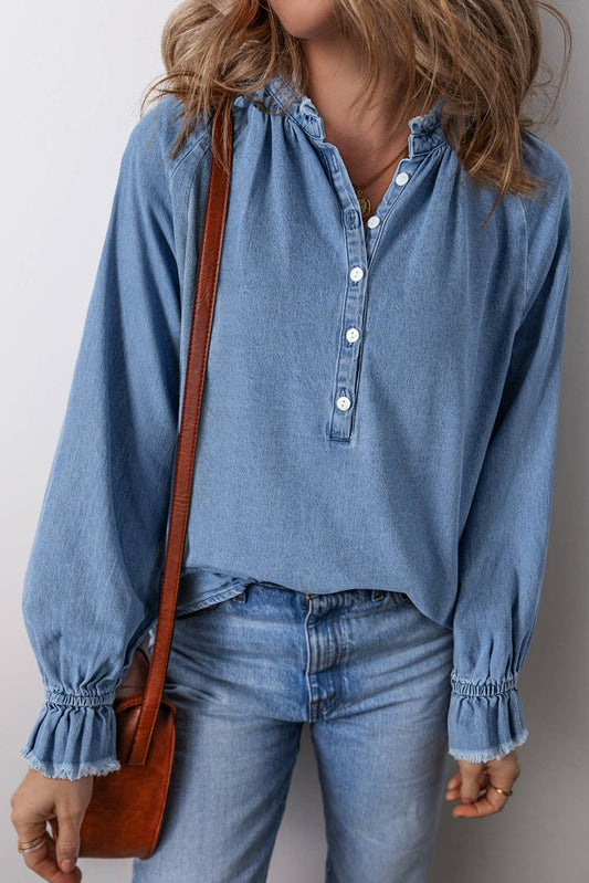 Chic Frilled Detail Half Buttoned Denim Top