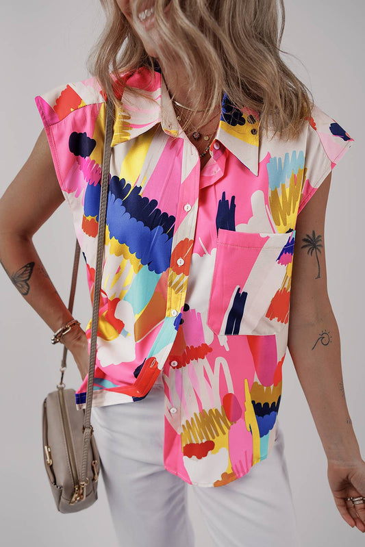 Colorful Abstract Print Cap Sleeve Shirt