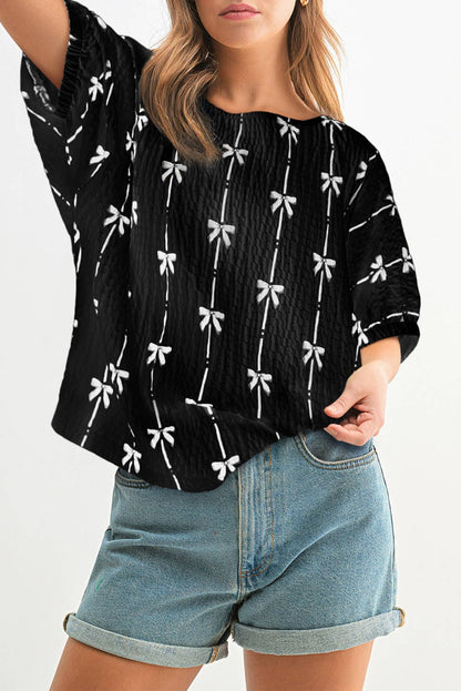Bow Print Puff Short Sleeve Top