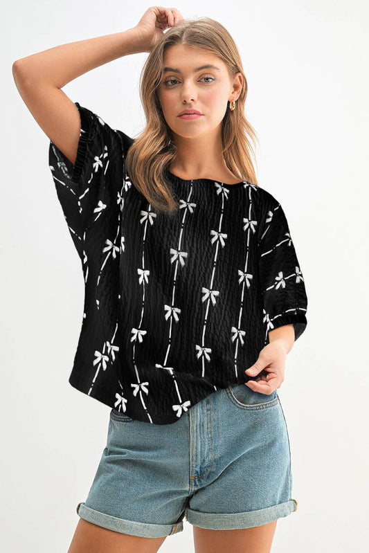 Bow Print Puff Short Sleeve Top