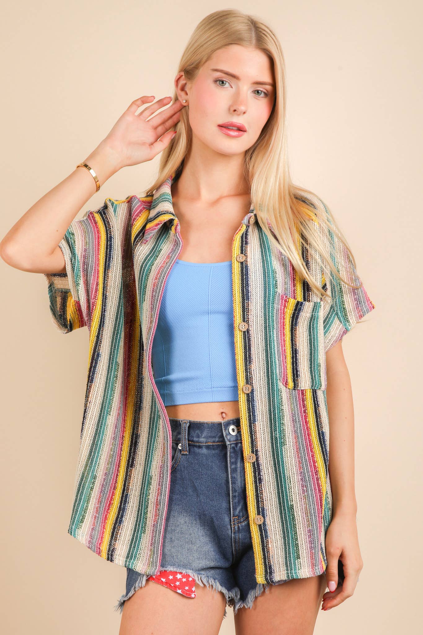 Oversized Crochet Multi Color Striped Shirt Top