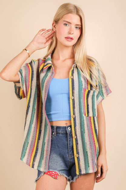 Oversized Crochet Multi Color Striped Shirt Top