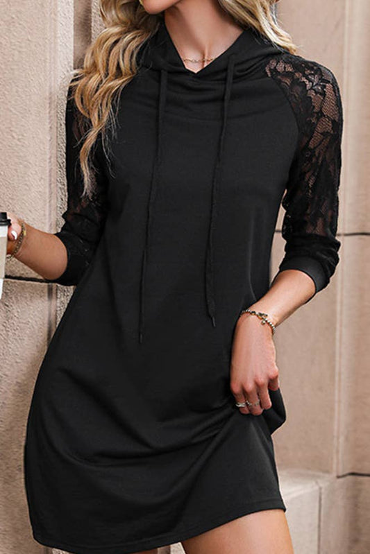 Black Lace SLeeves Hooded Dress
