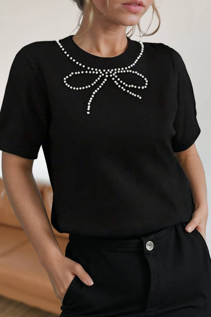 Pearl Bow Embellished Knitted Sweater