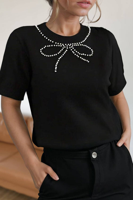 Pearl Bow Embellished Knitted Sweater