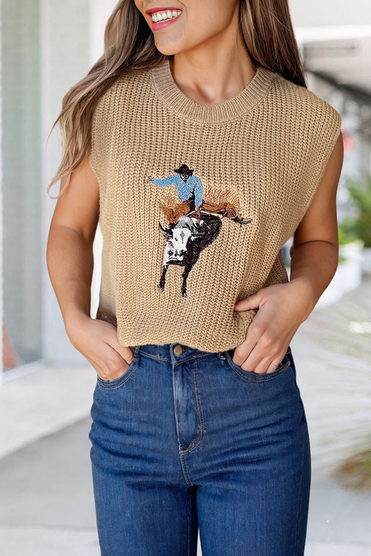 Cowboy Embroidery Sleeveless Sweater S