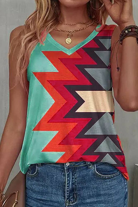 Aztec Print V Neck Sleeveless Top