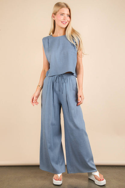 Solid Woven Top & Pants Set: DENIM